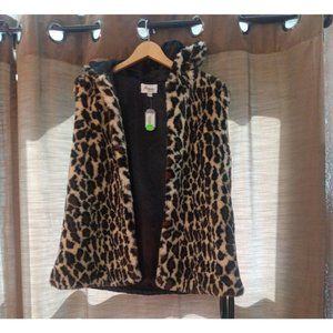 Nwt Women's Arianna Hooded Leopard Print Soft Open Front Belted Vest Size Large